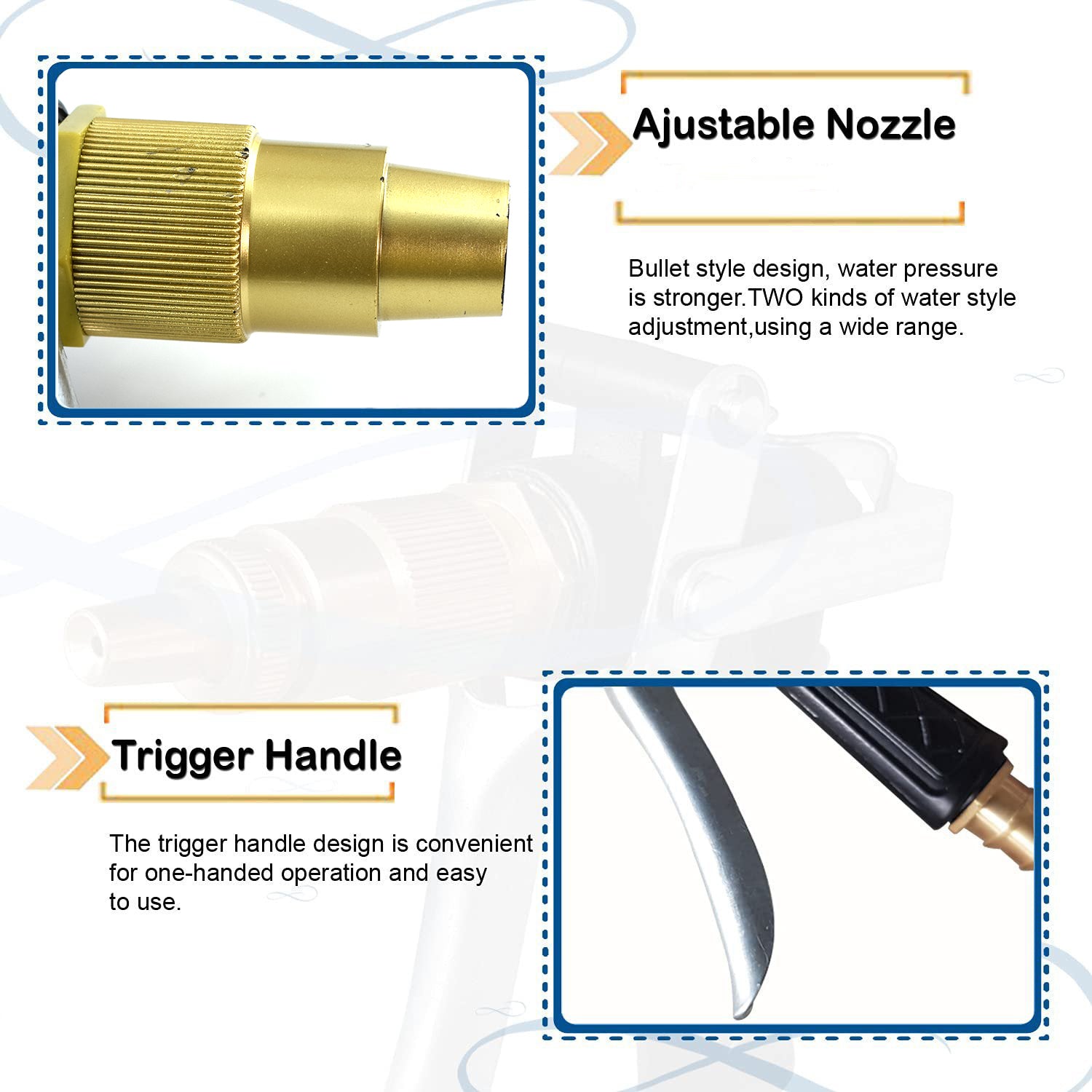 Trigger hose nozzle in gold, durable with lever action for water spraying. Trigger hose nozzle in gold, durable with lever action for water spraying.